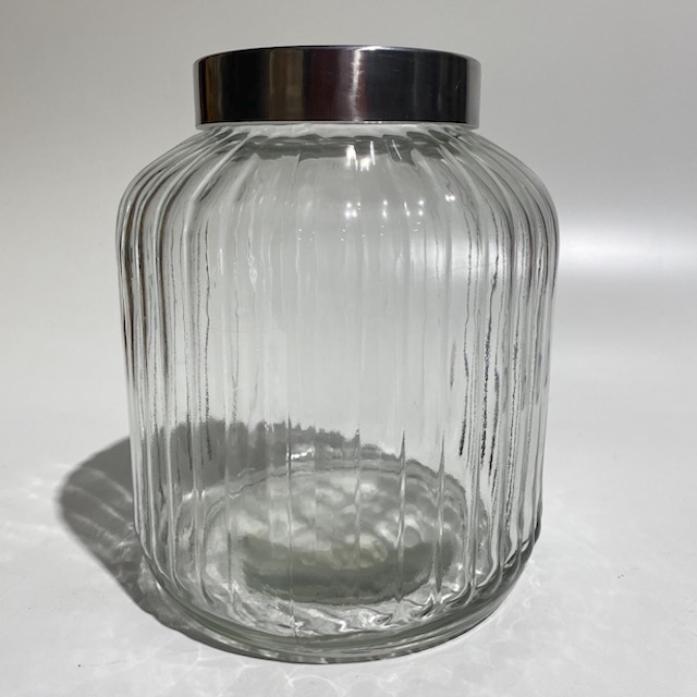 LOLLY JAR, Large Ribbed Glass w Silver Lid